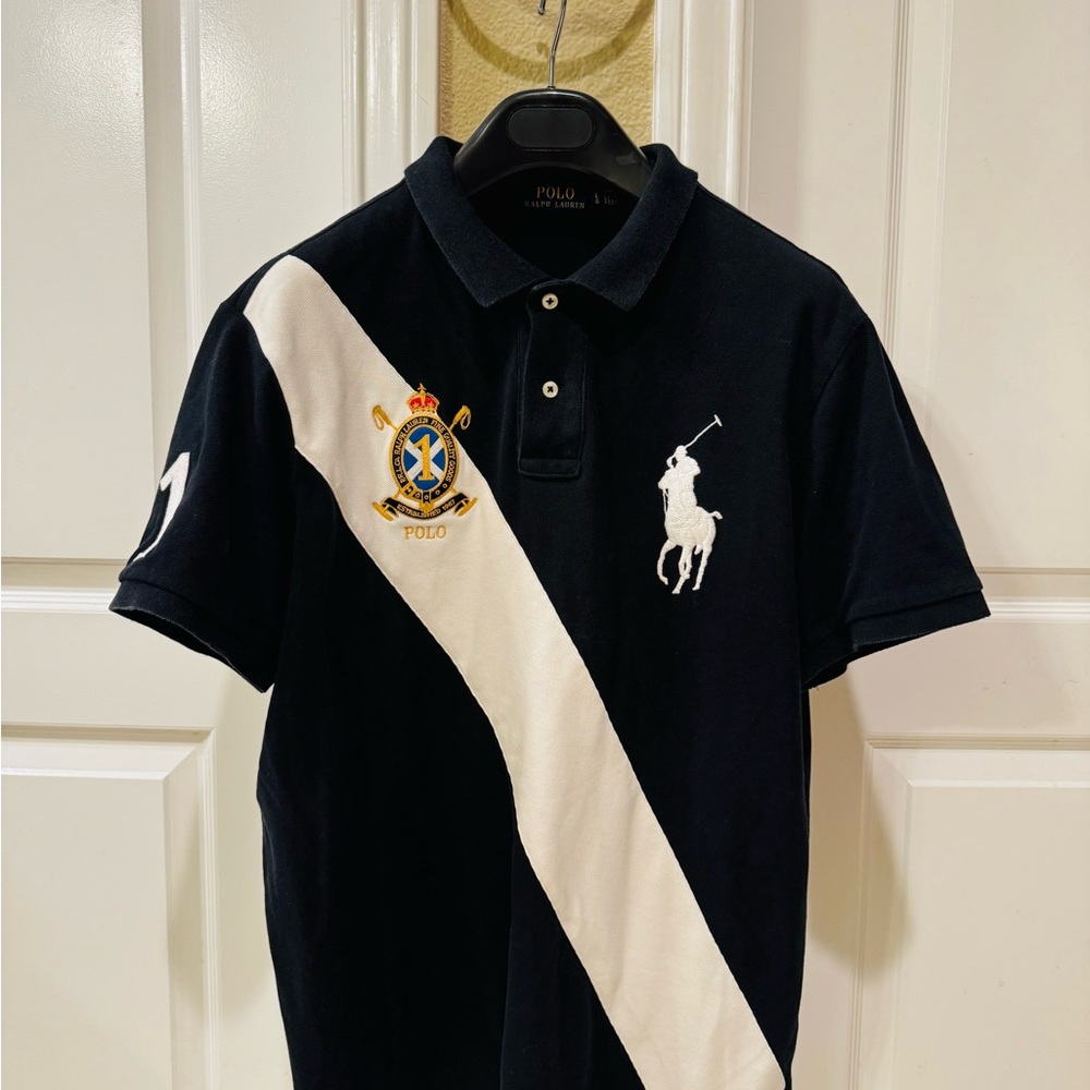 Ralph Lauren Black and White Polo with Gold Embroidered Crest - Size L - Picture 5 of 9